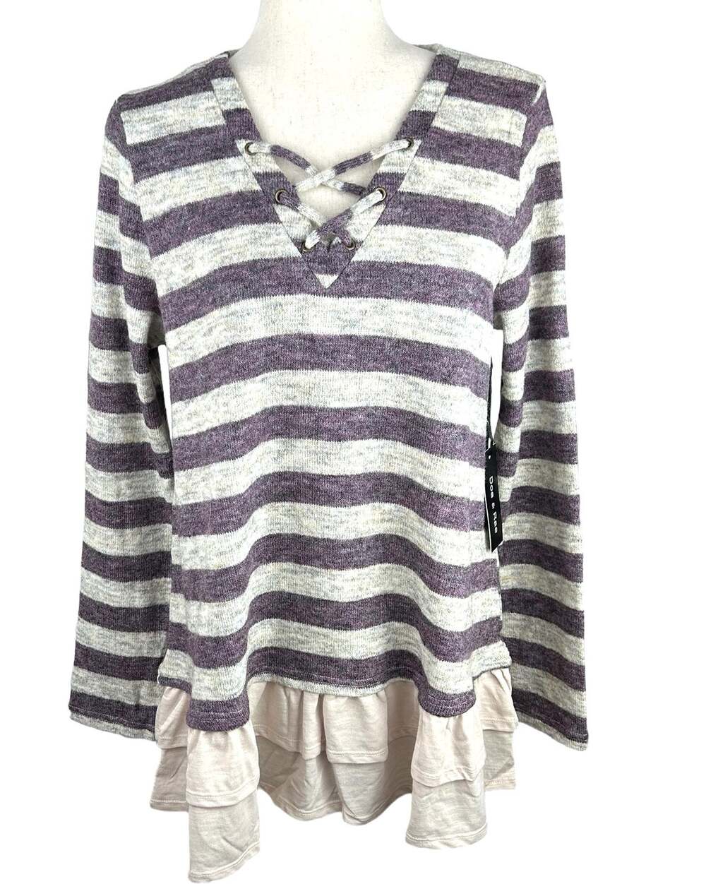 NEW Doe & Rae Lavender and Cream Striped Sweater Ruffle Hem Lace Neck Size M